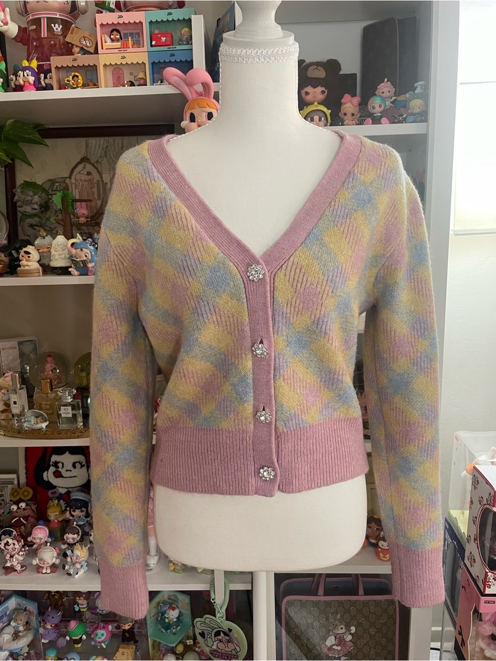 Zara Pastel Argyle Fuzzy Knit Cardigan Jewel Button Sweater Size M - Picture 3 of 11